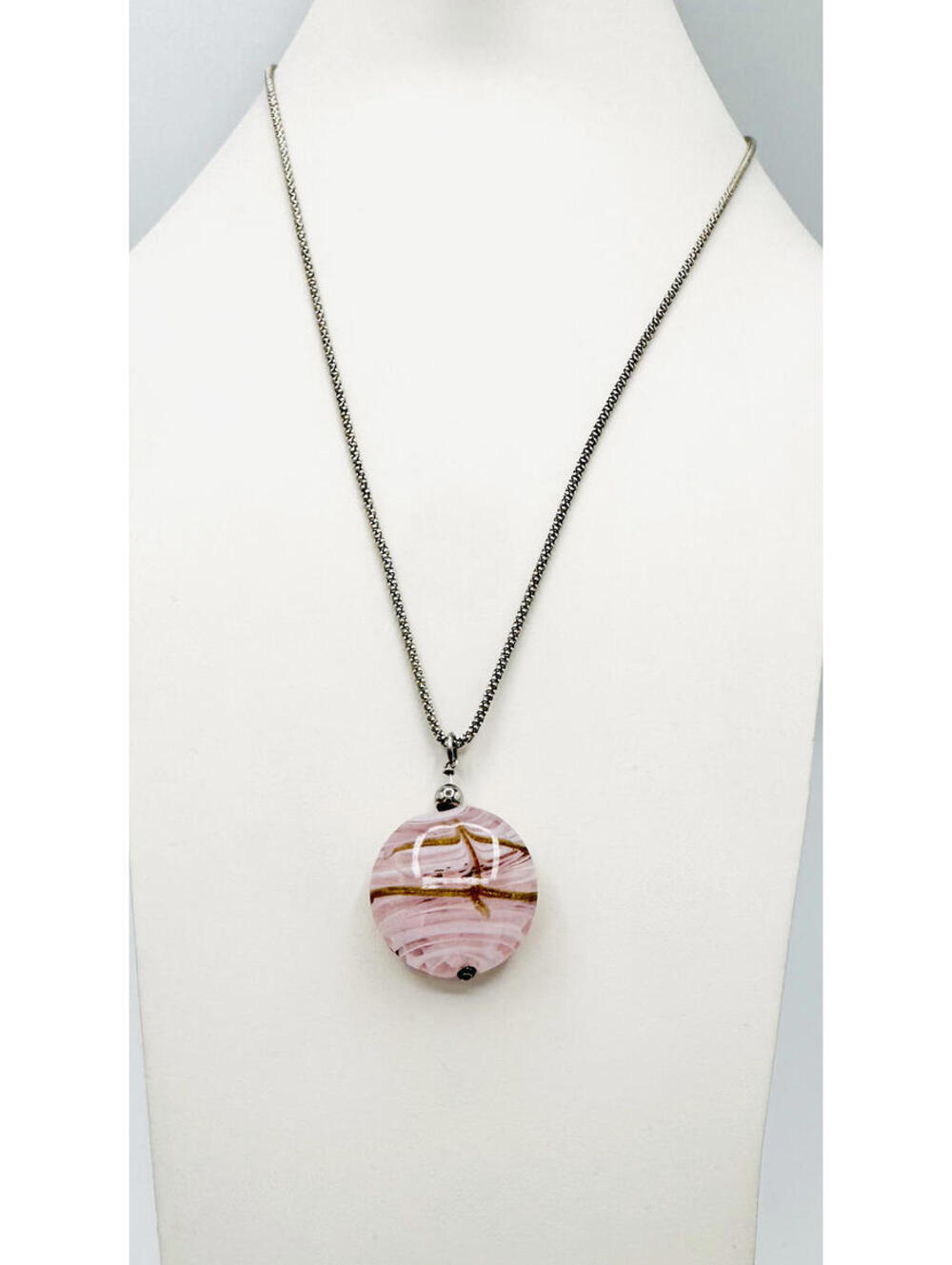 Sterling silver w/ Murano round swirling pink glass with gold stripes necklace